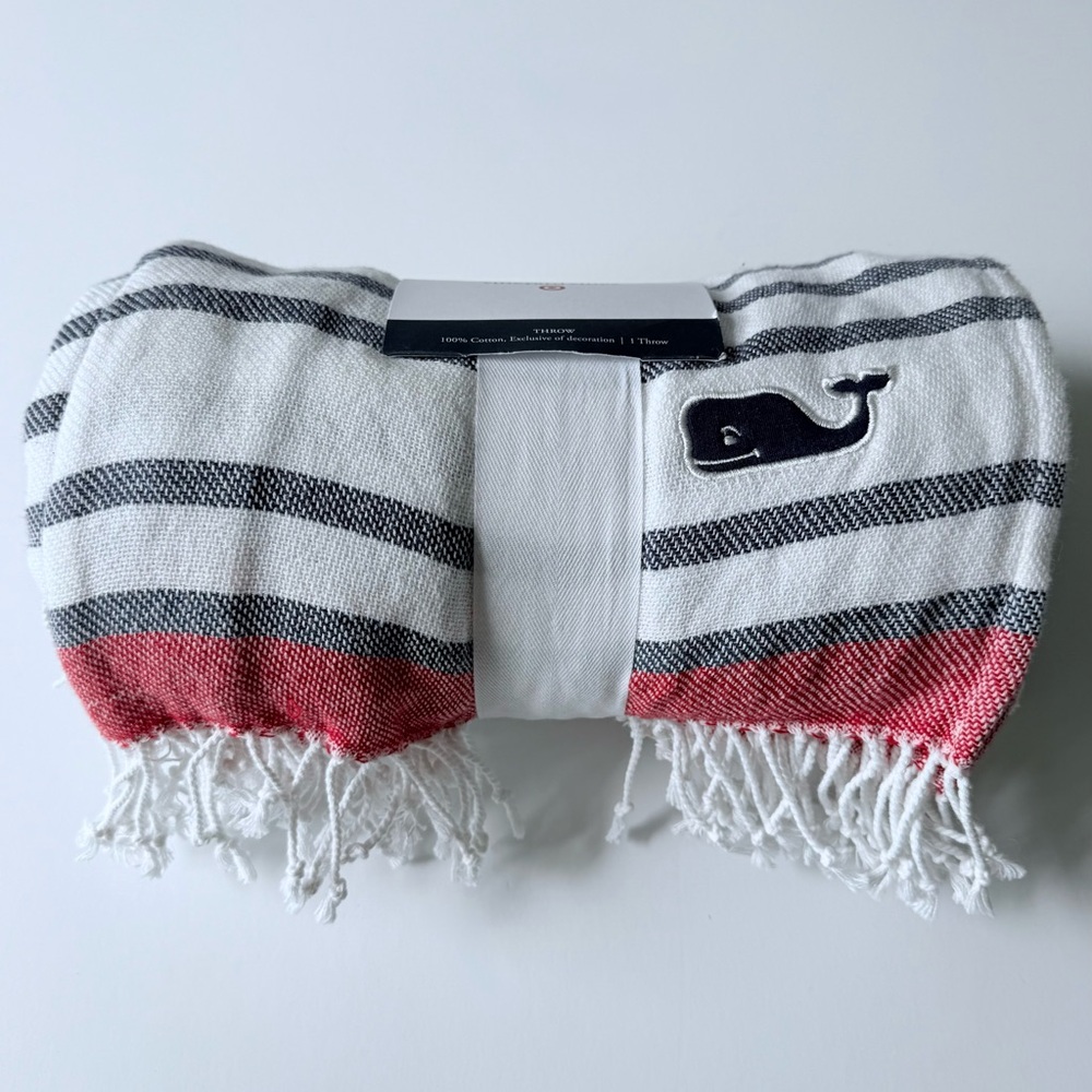 Vineyard Vines Red Striped Cotton Throw Blanket 60x70 Whale Logo Designer New